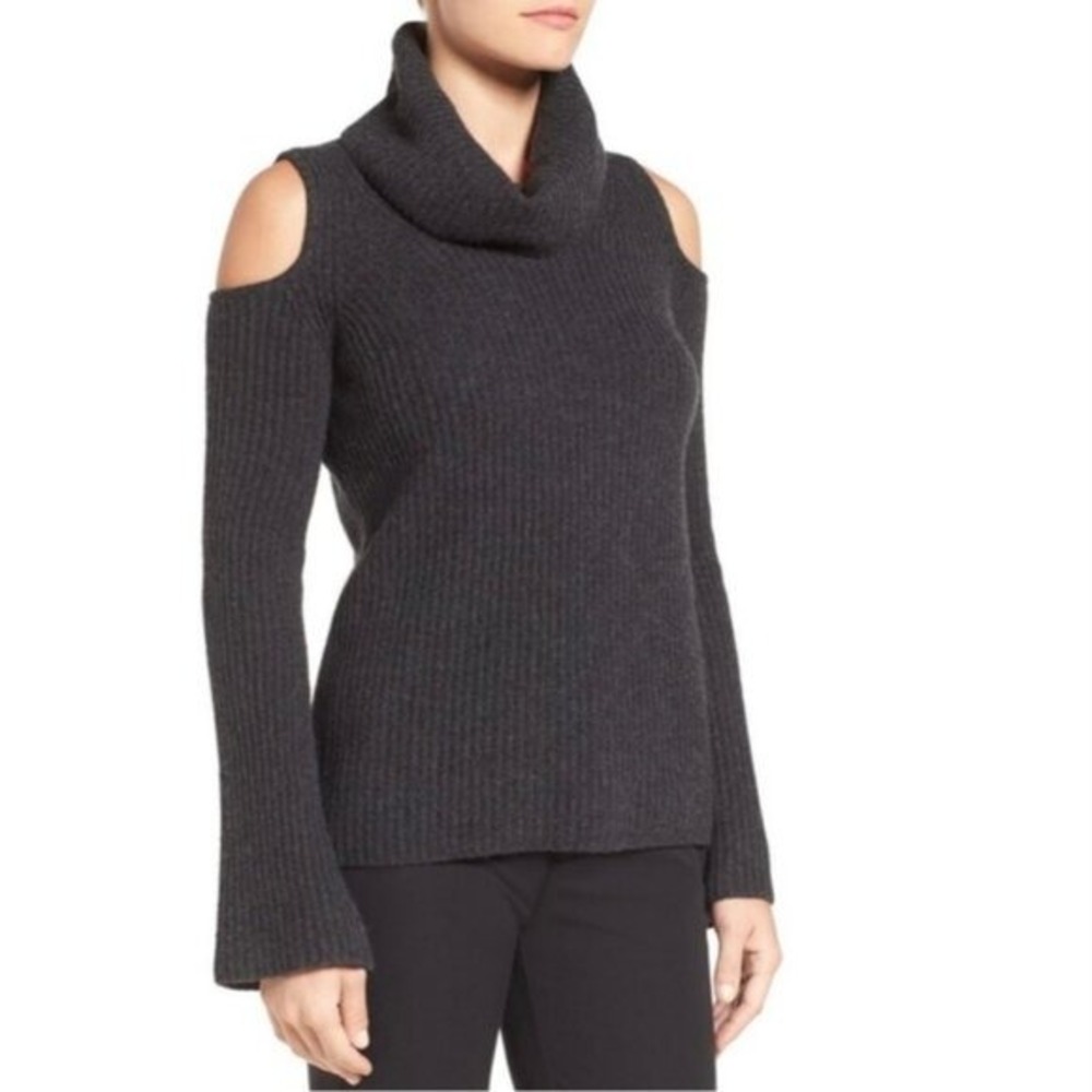 ELIE TAHARI I Cold Shoulder Turtleneck Cashmere‎ Sweater I MED I Charcoal Gray